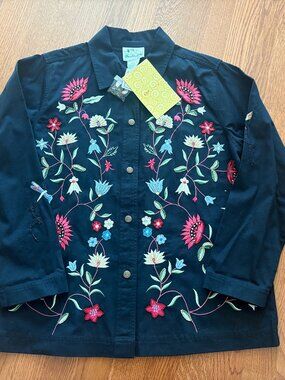NEW Vintage Womens Quacker Factory Garden Floral Colorful Black Jacket Large